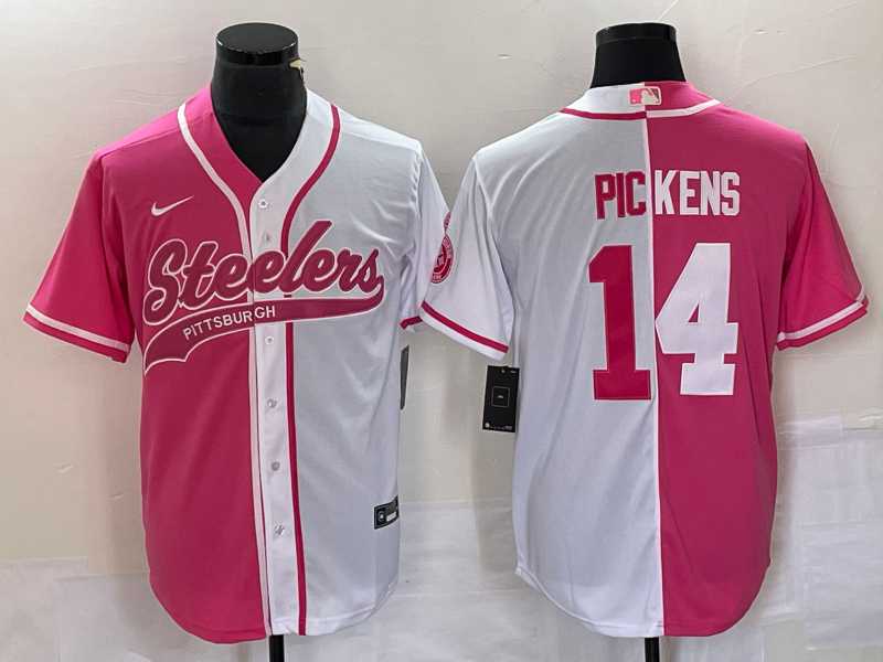 Men%27s Pittsburgh Steelers #14 George Pickens Pink White Two Tone With Patch Cool Base Stitched Baseball Jersey